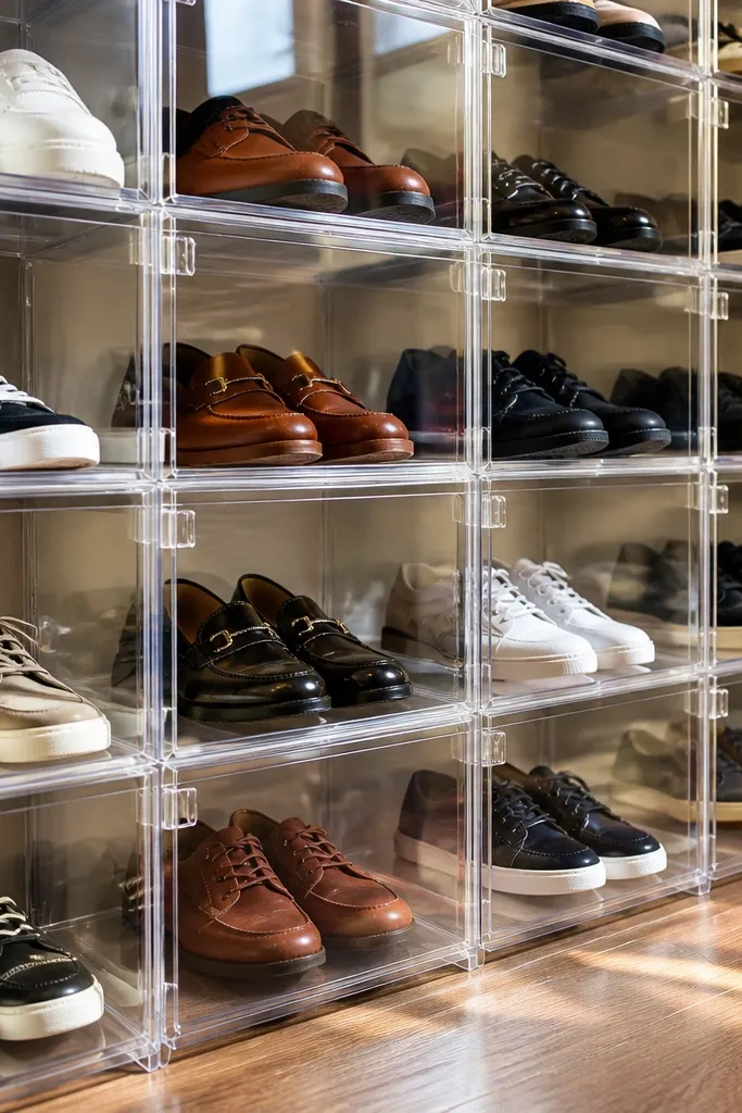 Clear-front shoe cubbies with shoes spaced evenly on a closet shelf
