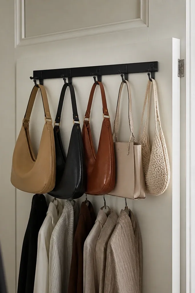 Closet door with a slim rail holding small handbags by handles