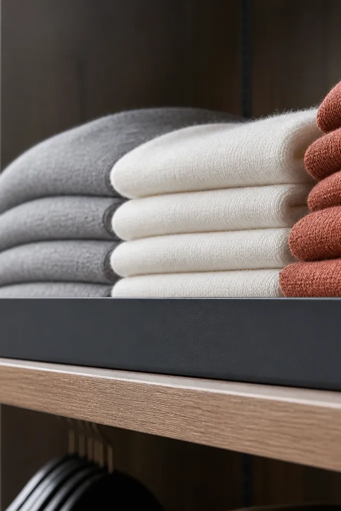 Closet shelf with folded sweaters held in place by small stops