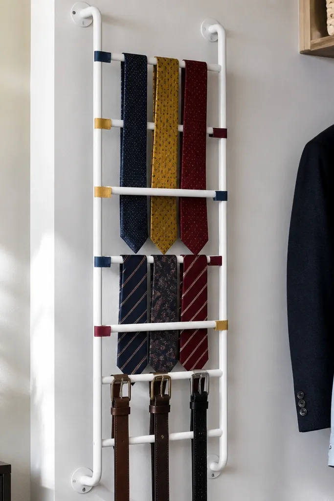 Closet side ladder with hooks for ties and belts and colored tags