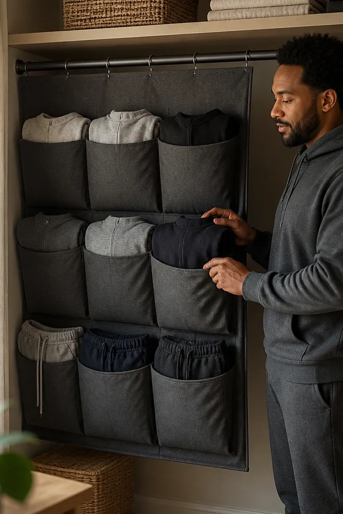 Closet hanging fabric organizer creating a neat vertical zone