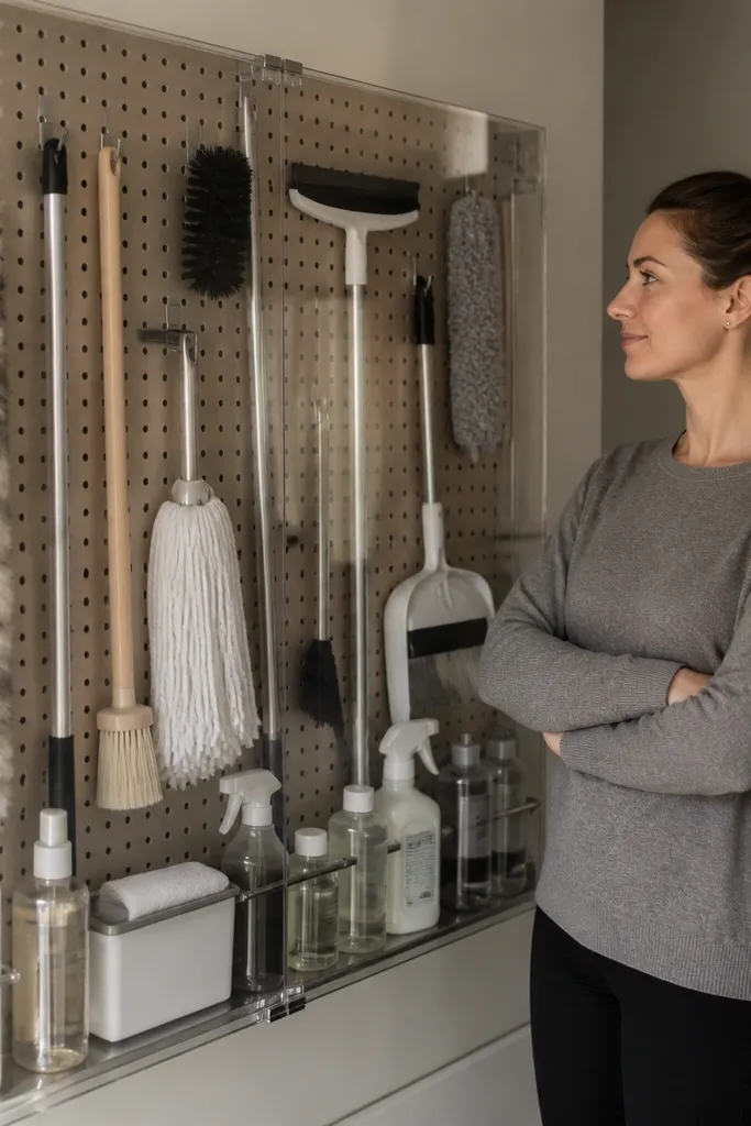 Pegboard on closet wall with hooks and a clear acrylic organizer front