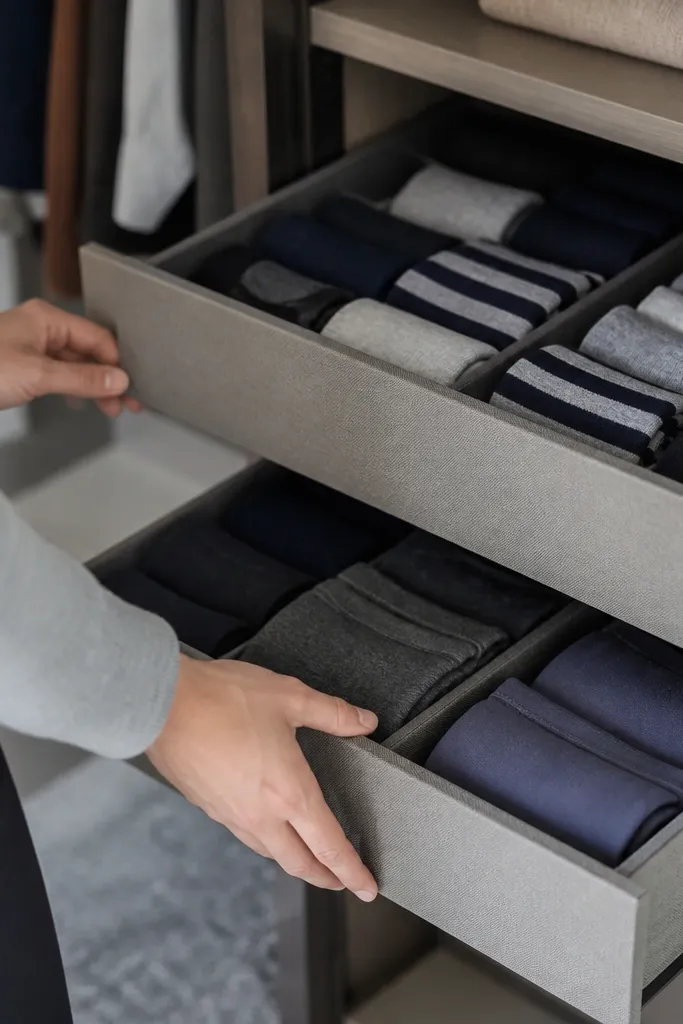 Shelf with drawer-like bins for socks and underwear labeled on the front