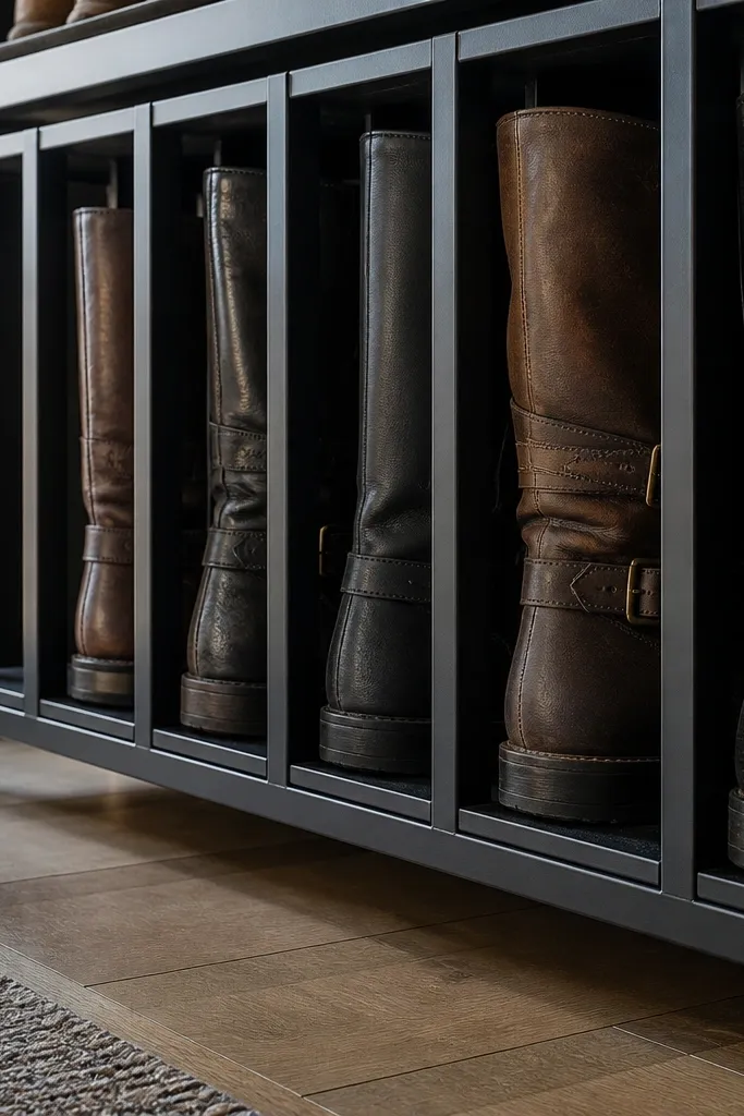 Closet bottom shelf with vertical slots holding boots upright