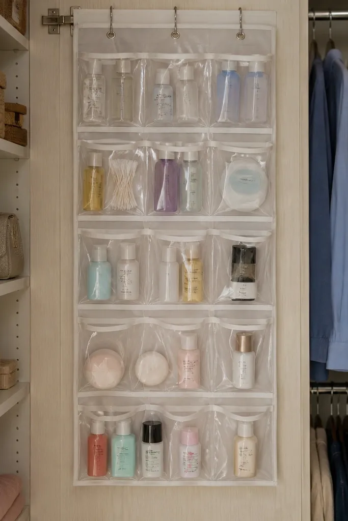 Hanging clear pocket organizer with travel-sized items separated by pocket