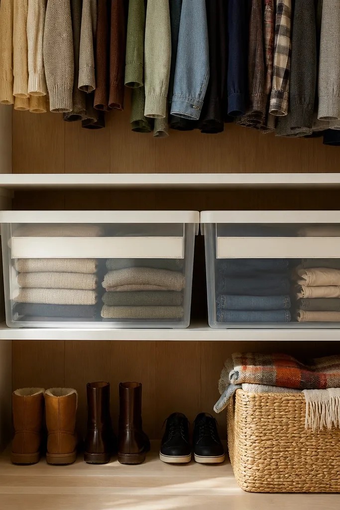 Two large labeled bins on a closet shelf for seasonal clothing swap