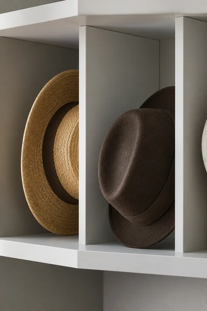 Corner shelf with vertical dividers holding hats upright in rows