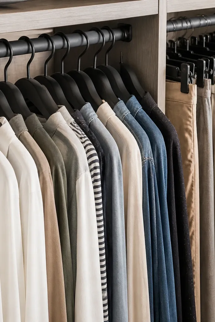 Closet section with matching hangers and a separate clip-only rail for pants