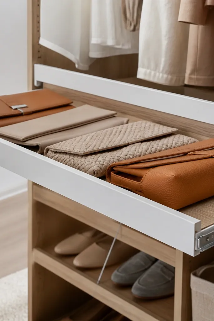 Small pull-out shelf with clutches lined up neatly inside the closet