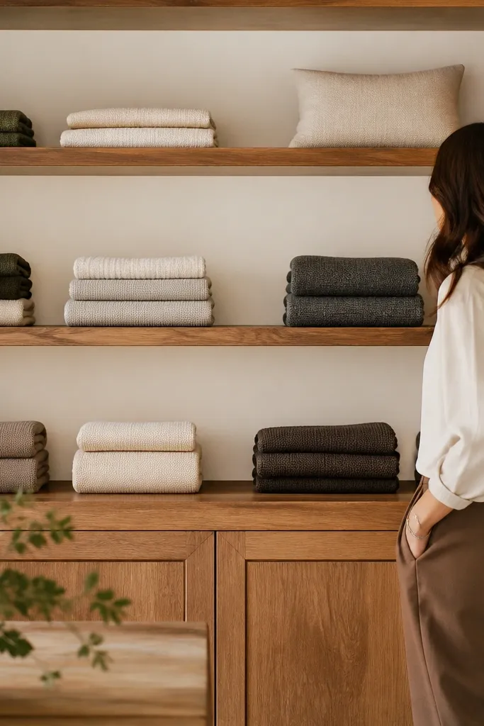 Closet shelf with a neat back panel and neatly arranged folded items