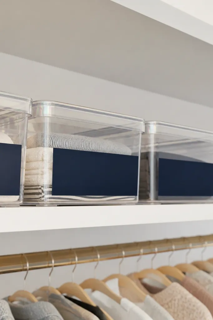 Clear-lid bins on closet shelf with label strips on the front