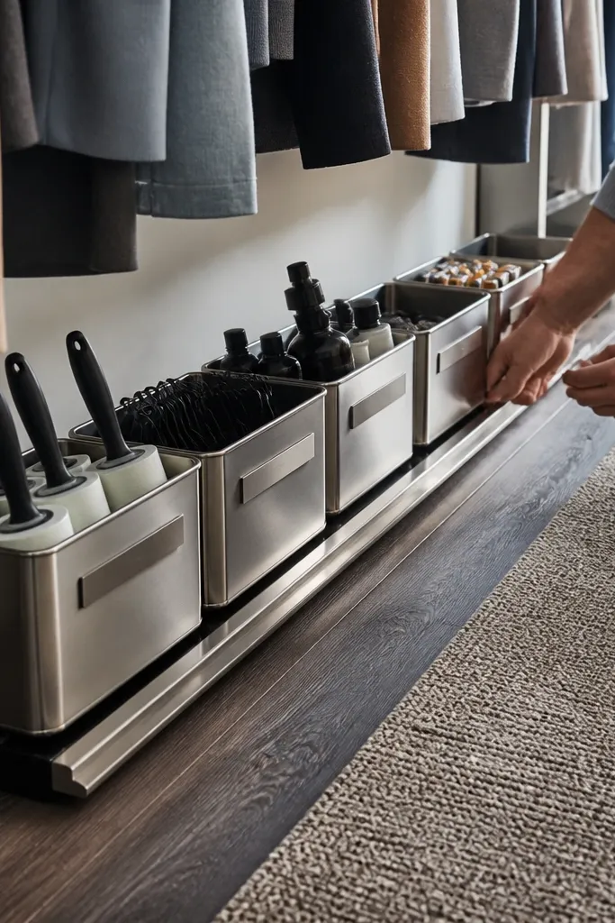 Small metal canisters on a closet floor rail with label strips