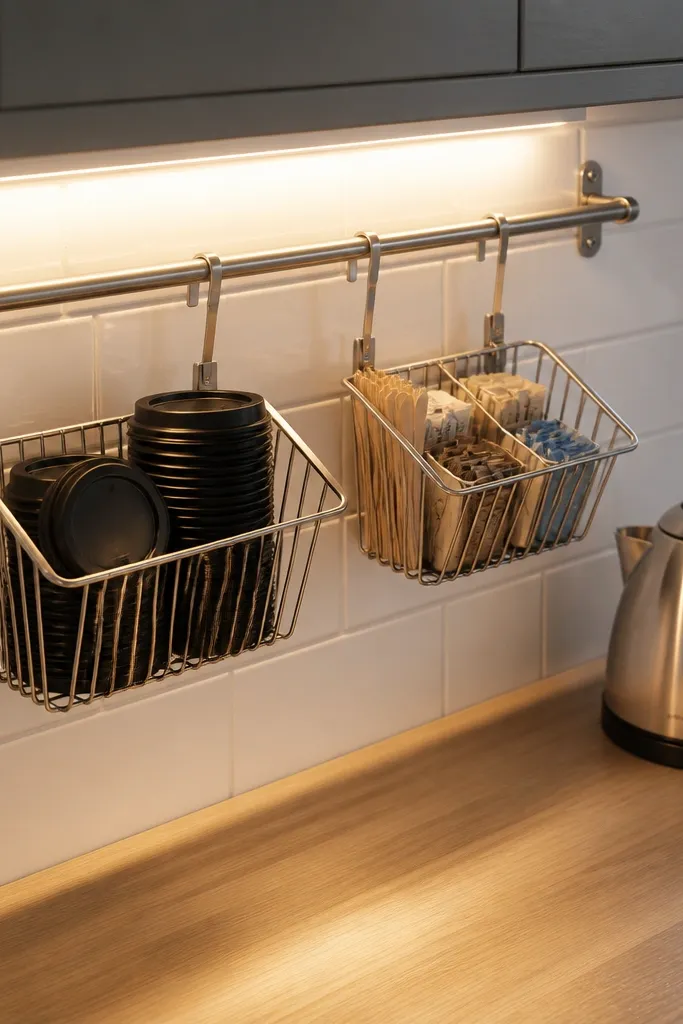 Wall rail with small baskets holding coffee filters, spoons, and sugar packets