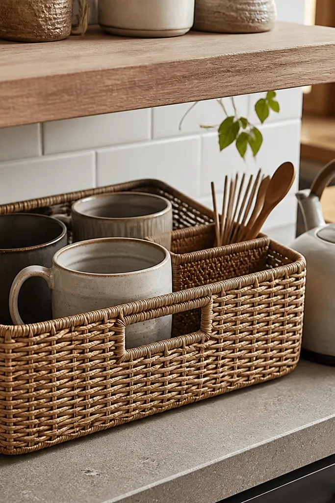 Under-shelf basket holding mugs and stir sticks beneath a small coffee shelf