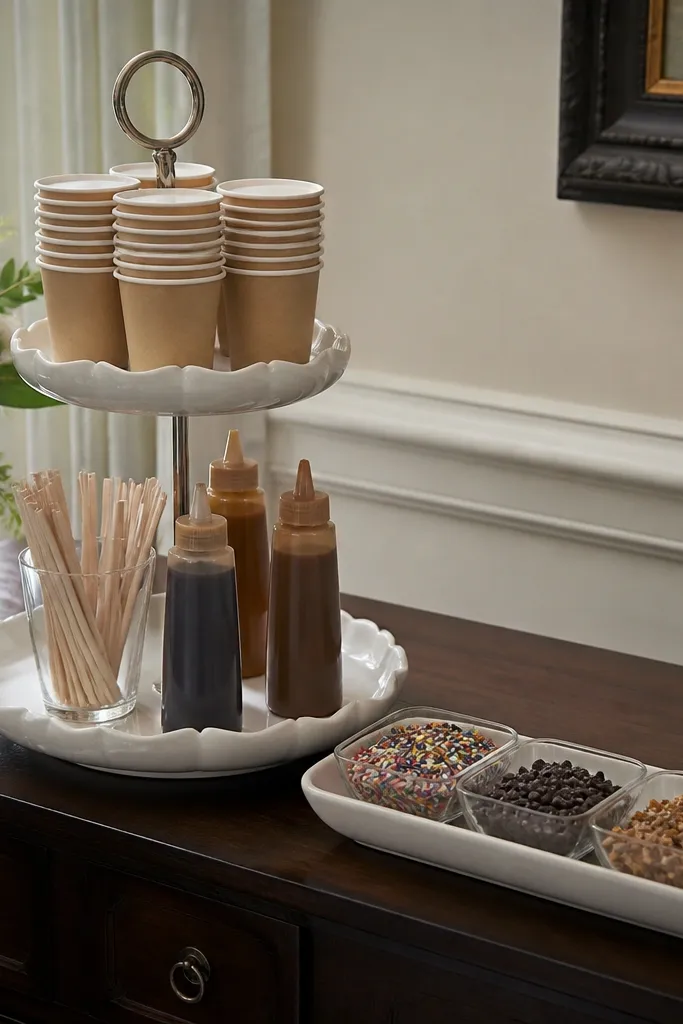 Two-tier stand with cups on top and sweetener and stir tools on bottom