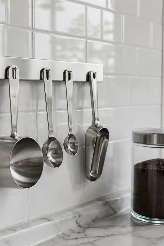 Magnetic strip with small metal scoops and a spoon arranged in a row
