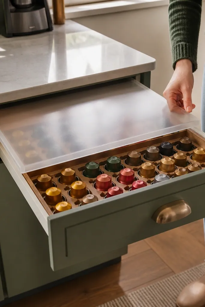 Small drawer tray with pod rows and a sliding cover