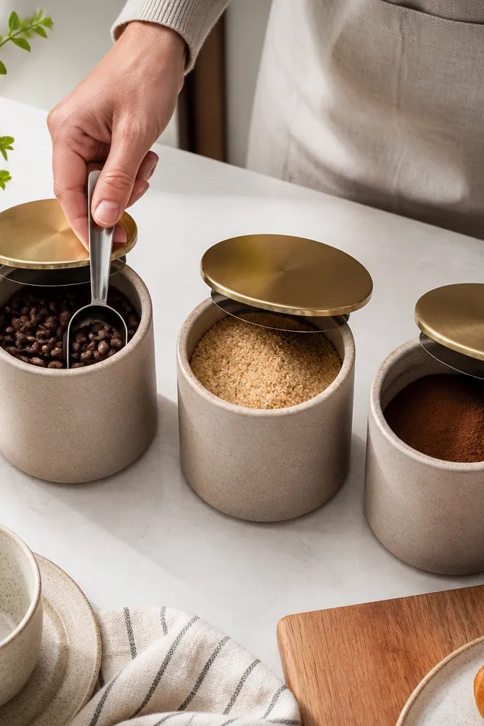 Three matching canisters with wide lids and scoops stored next to them