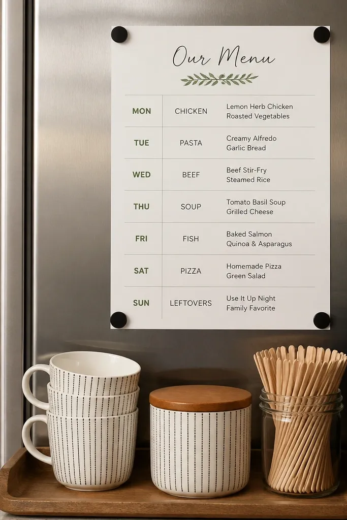 Small magnet board card listing coffee options next to the coffee maker