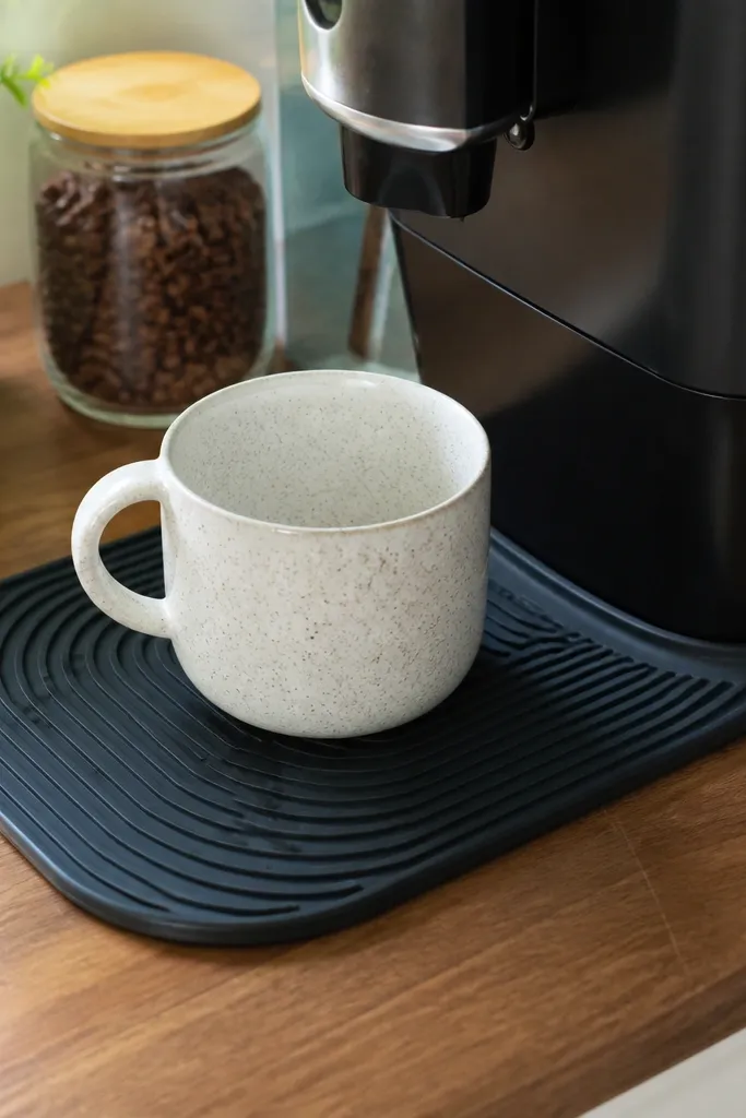 Silicone mat under mugs and coffee maker with a small tray edge