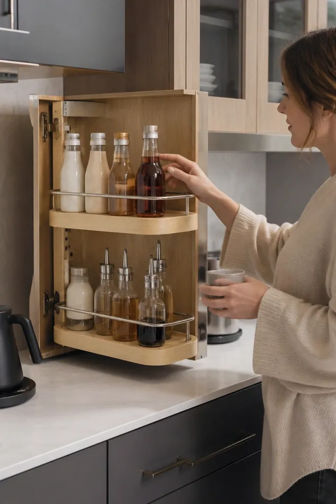 Small shelf that swings out with creamer and syrup bottles neatly lined
