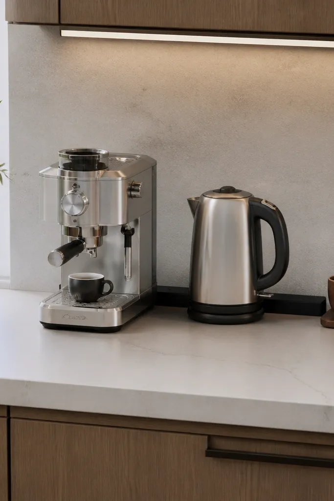 Coffee station with a cable organizer cord routed neatly behind the counter