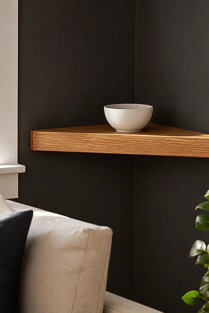 Light oak triangular corner shelf with a nearly invisible mounting rail under it