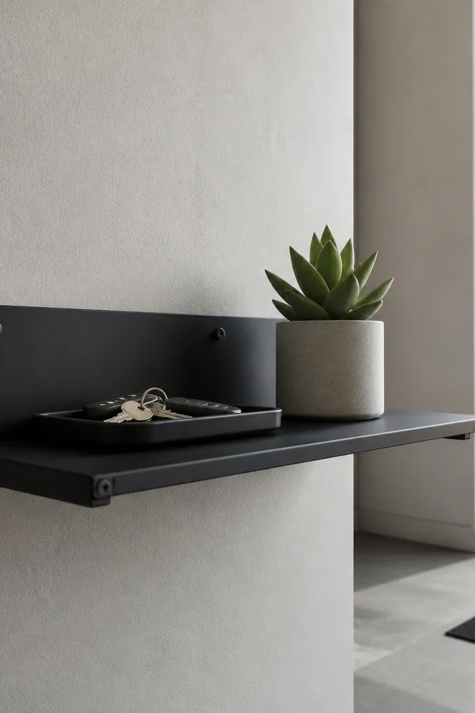 Matte black shelf with an L-shaped metal back plate in a corner