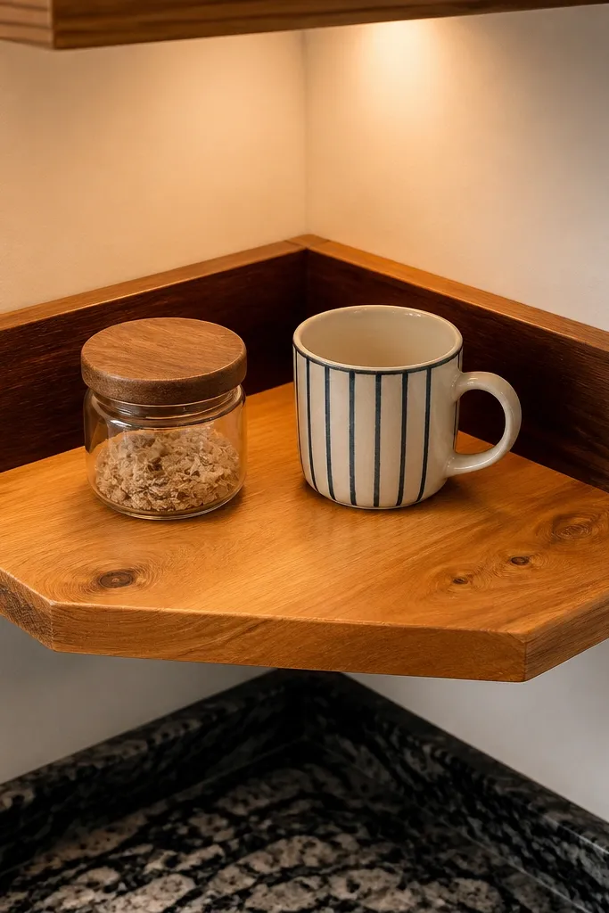 Warm pine corner shelf with darker inside edge stain and a light top finish