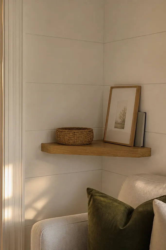 White shiplap-style corner shelf with no visible brackets