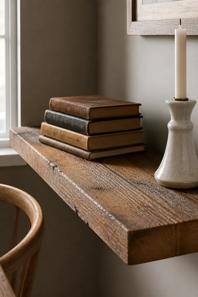 Corner shelf with reclaimed wood color and a clear satin finish