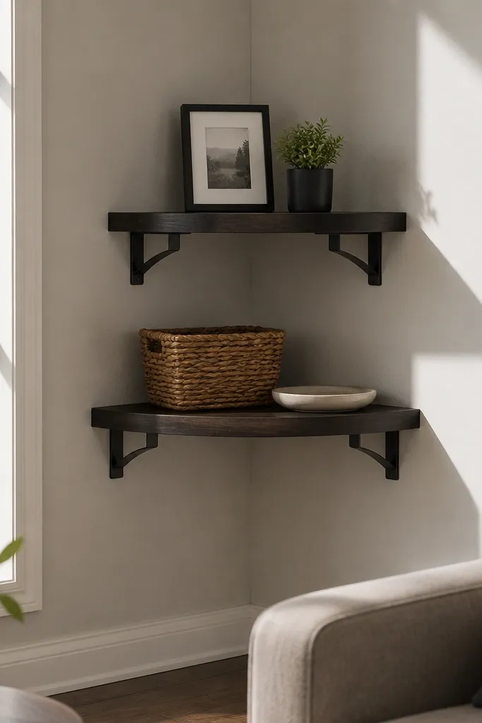 Two floating corner shelves stacked with matching concealed brackets