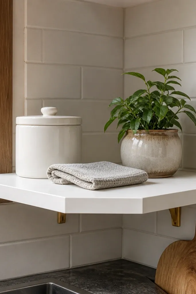 White floating corner shelf with brass hardware hidden underneath