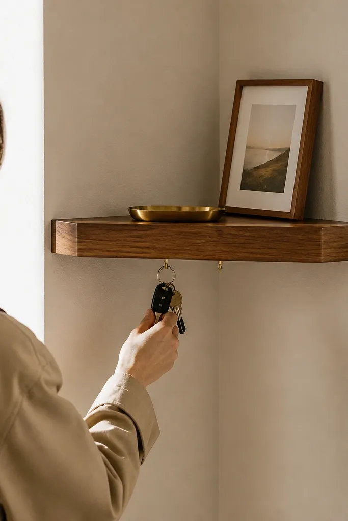Dark walnut-toned corner shelf with hidden under-mount clips