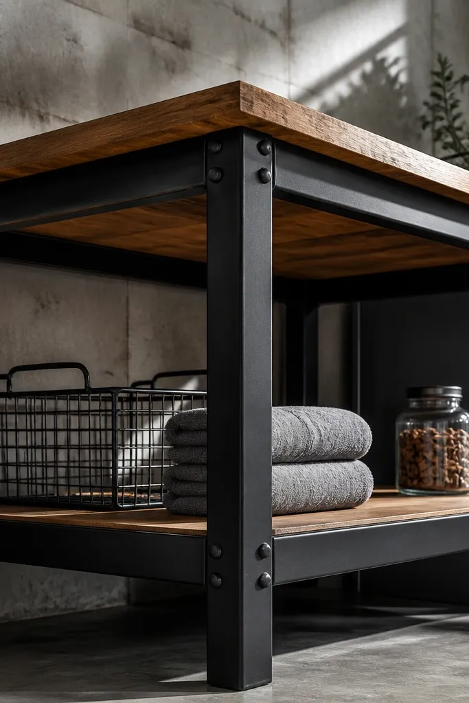 Black steel corner shelf frame with a warm wooden top