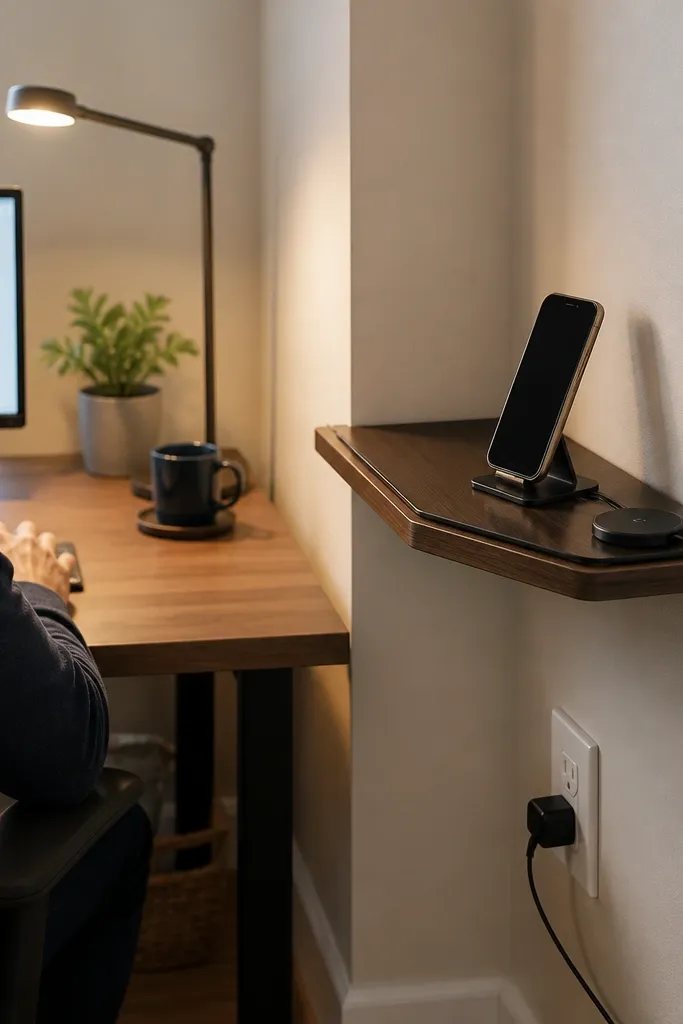 Corner shelf with a cut-out cable channel and small charging accessories