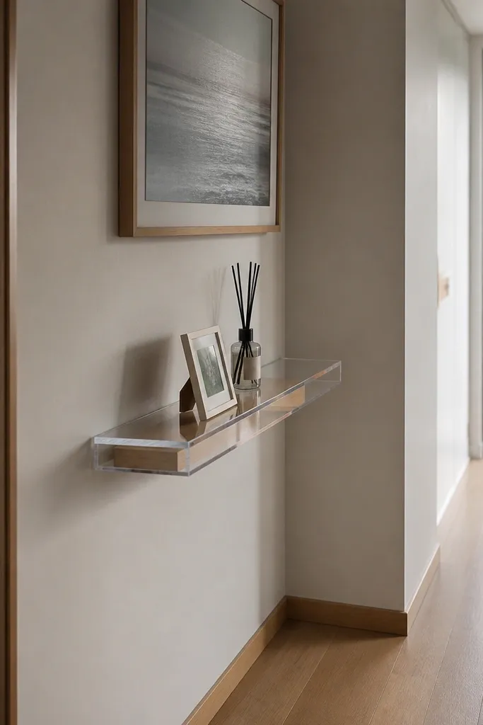Clear acrylic corner shelf effect with a thin wood base