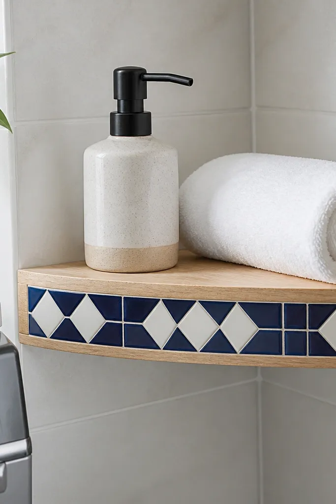 Corner shelf with a small tiled inset on the front edge