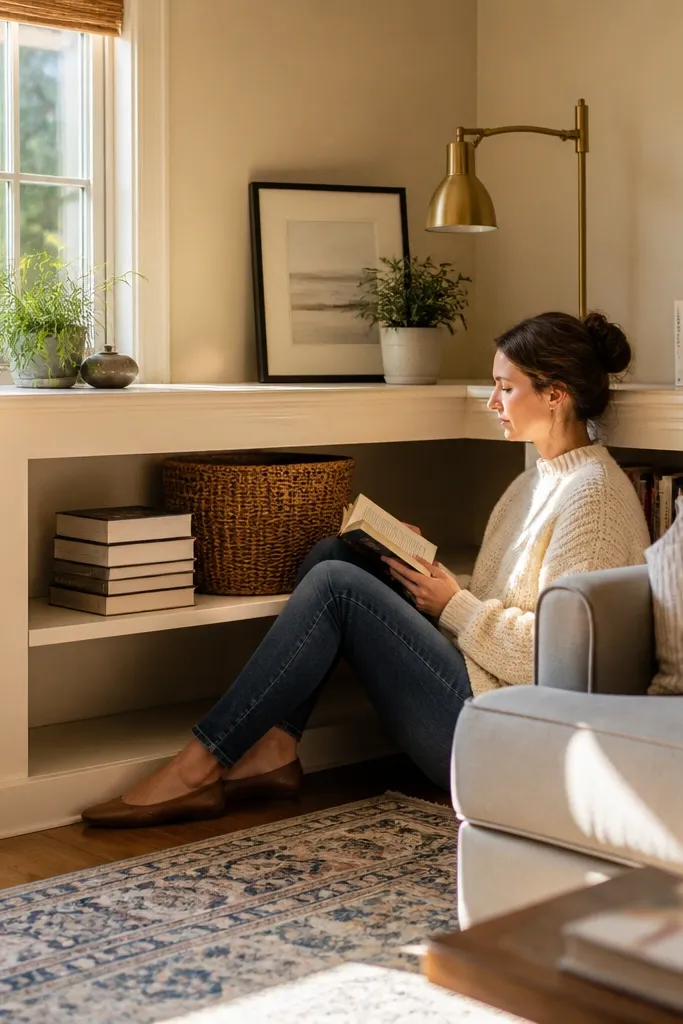 Deep corner shelf with simple trim edges and hidden mounts
