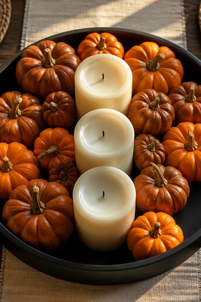 Black tray with cream candles and small orange mini pumpkins