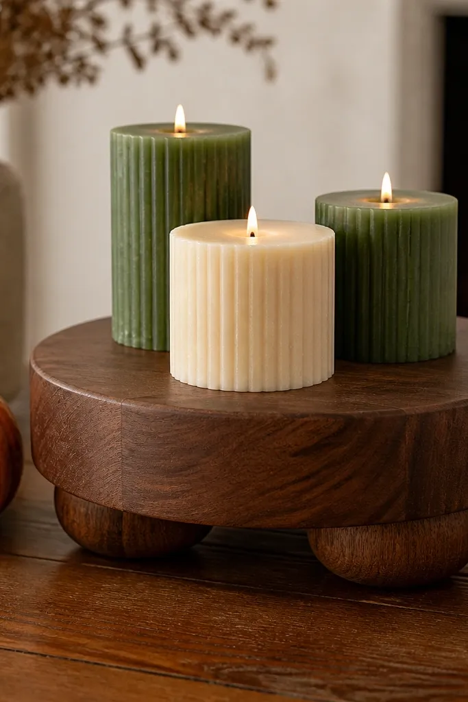 Wood riser holding green and oat candles in a neat trio