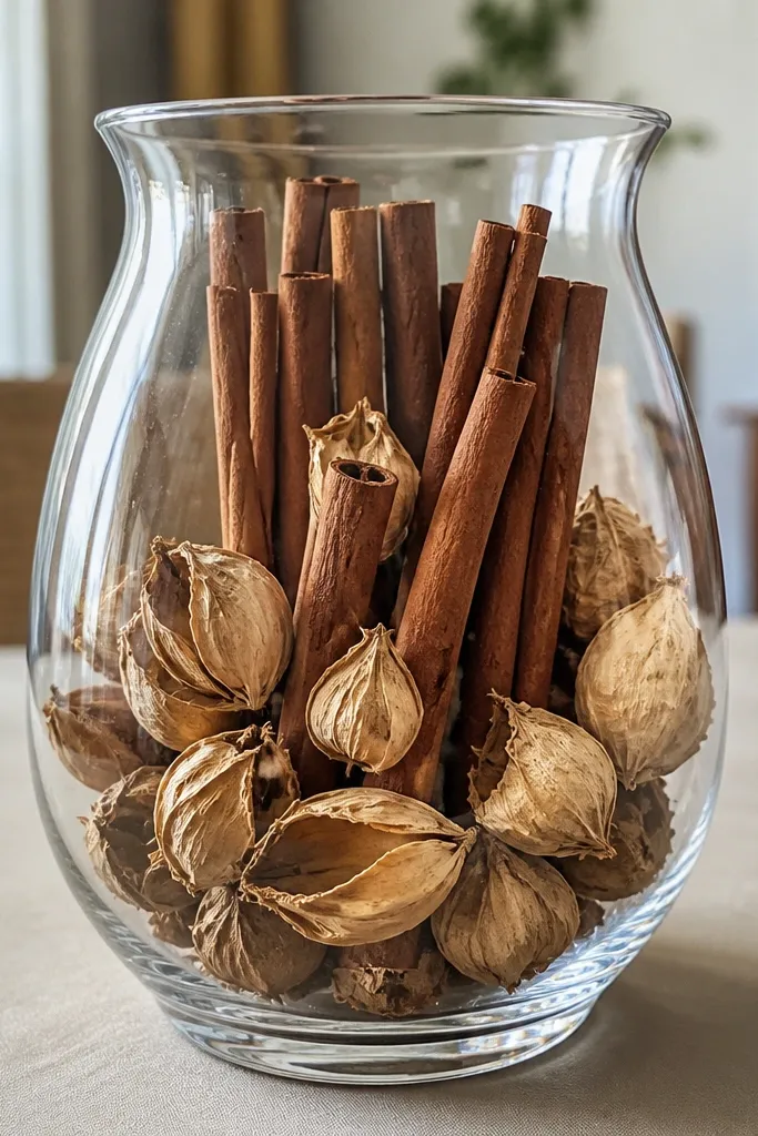 Clear vase filled with cinnamon sticks and dried seed pods