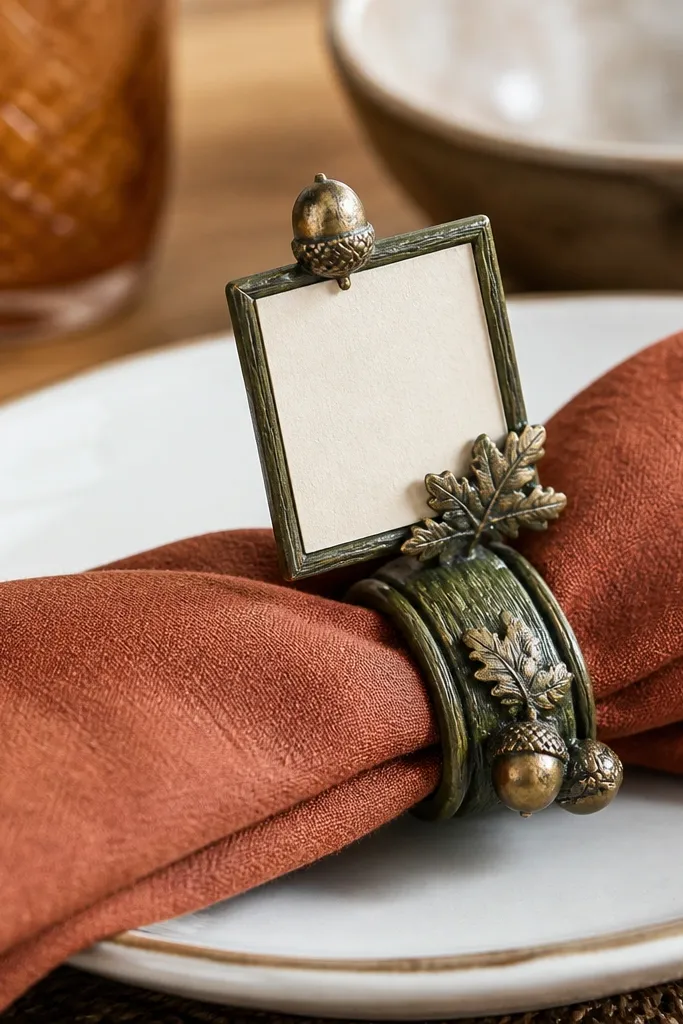 Green napkin rings and small place card holders on plates