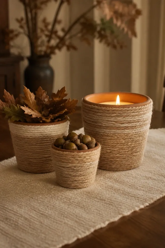 Small terracotta pots wrapped with yarn and a candle in the center