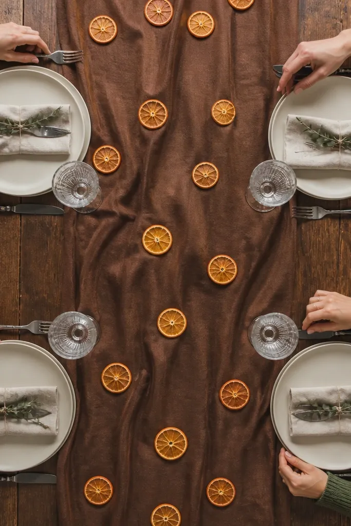 Chocolate brown runner with dried orange slices scattered neatly