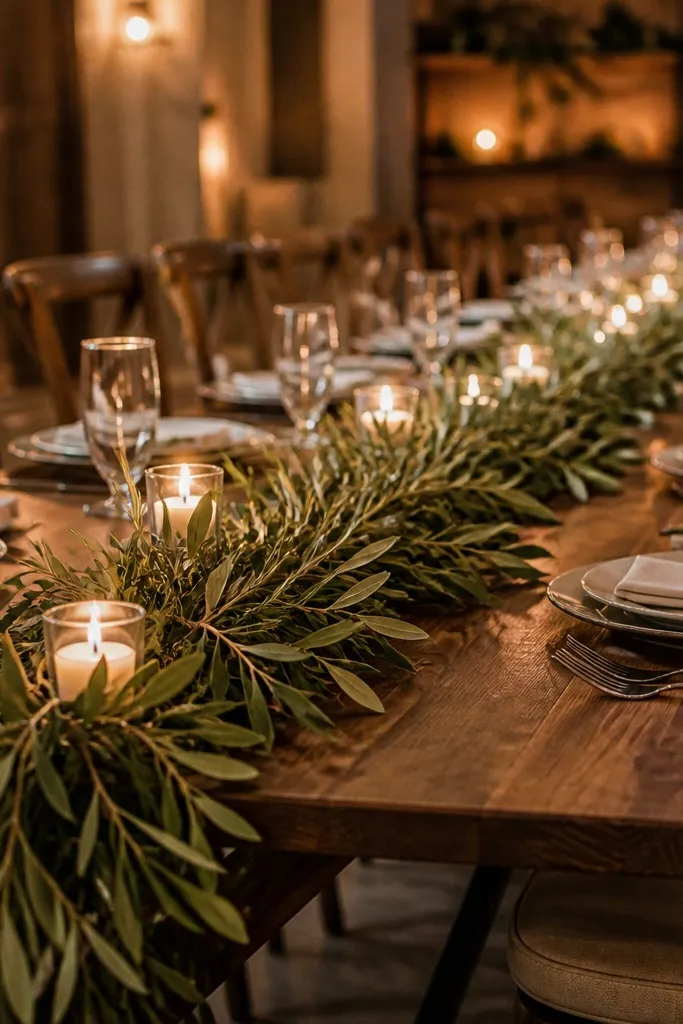 Olive green garland draped across a table with tea lights