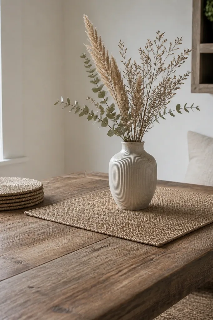 Woven placemats with a single small vase centerpiece