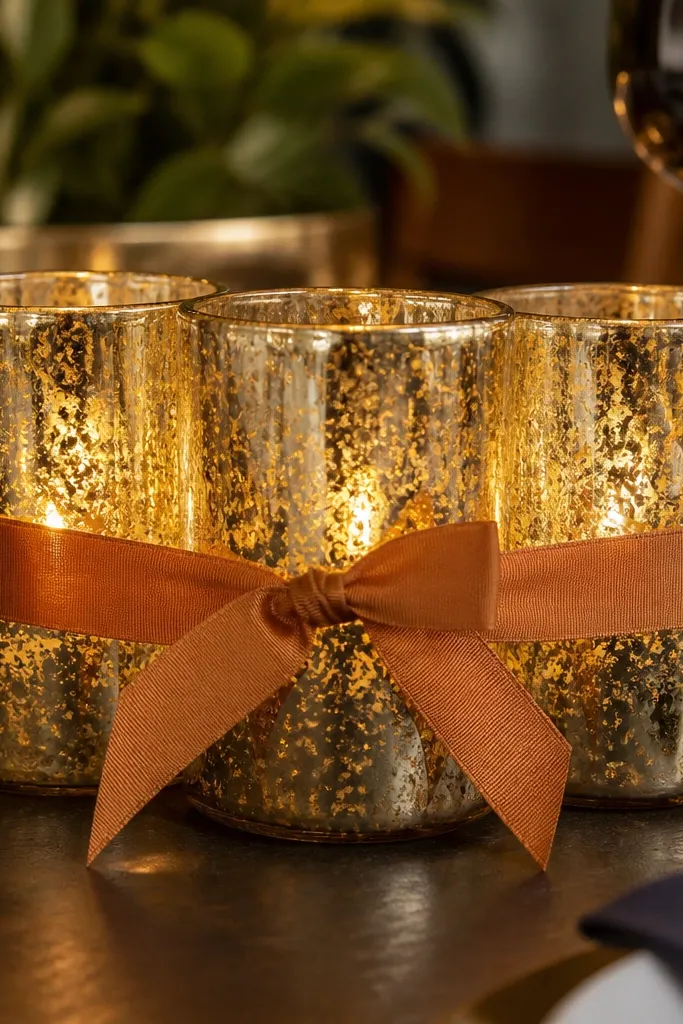 Gold-fleck candle jars with burnt orange ribbon tied around them