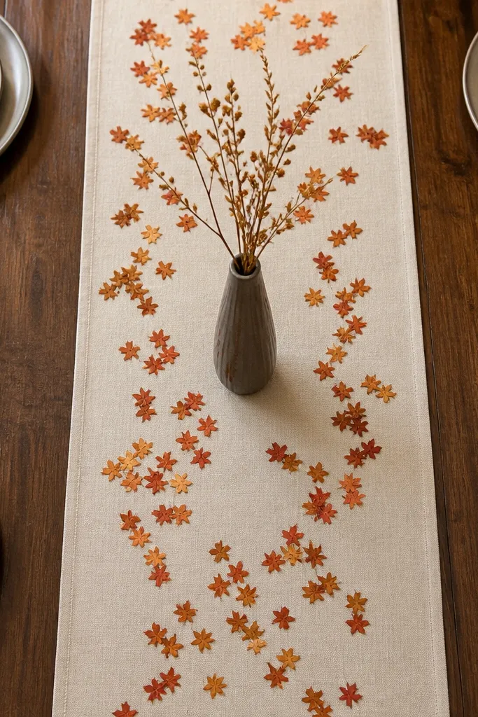 Runner with maple leaf confetti and one tall vase centerpiece