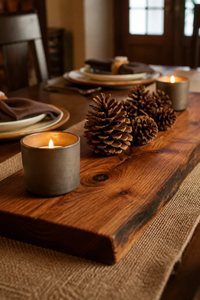 Cedar plank slab with two candle cups and pinecones